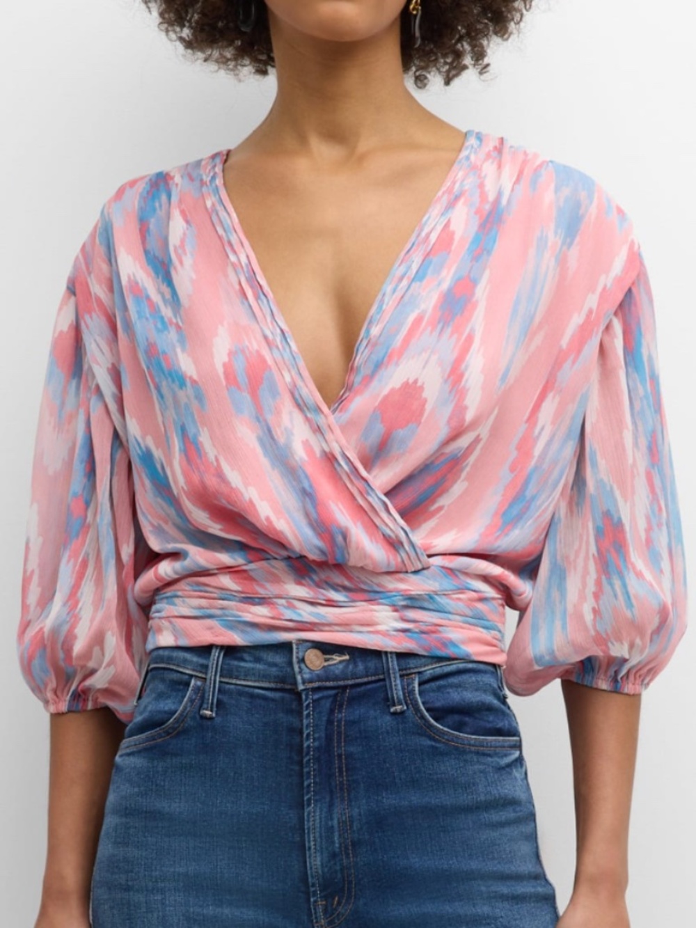 🔥 NWT Ramy Brook Blaire Abstract Balloon Sleeve Top - Vintage Pink Tulip 🌷